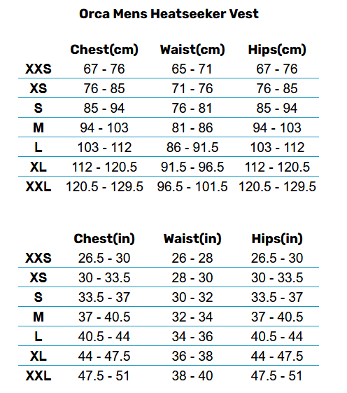 2025 Orca Mens Heatseeker Vest 0 Size Chart